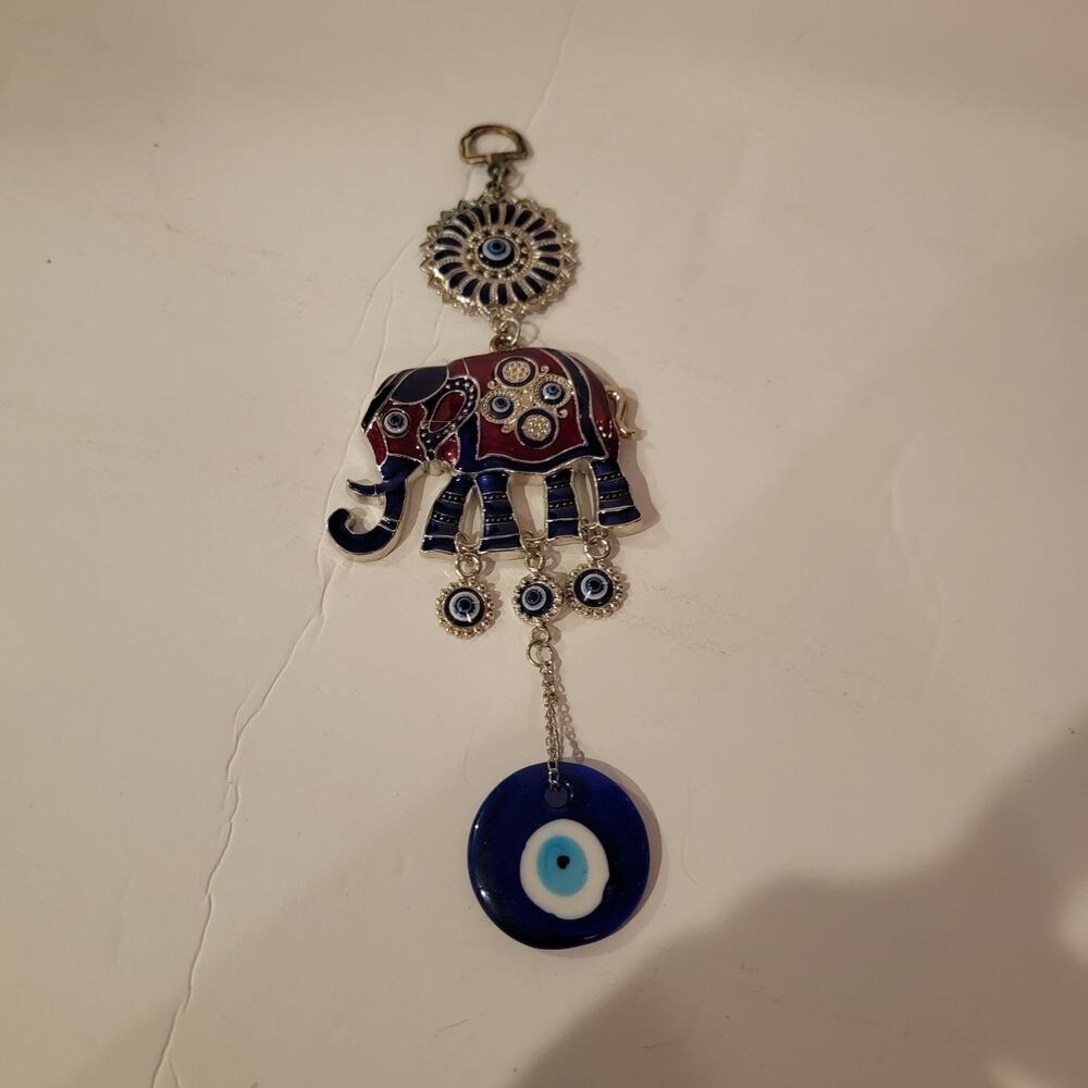 Blue Metal Glass Elephant Evil Eye Hanging Mobile Wall Decor Boho Ethnic